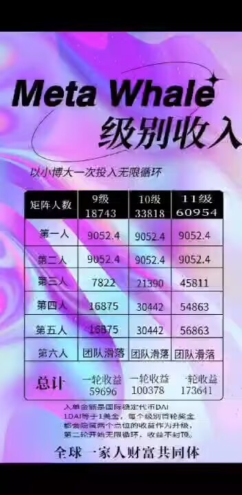MetaWhale元鲸鱼注册TP钱包DAI质押全球一条线公排自动滑落矩阵收益