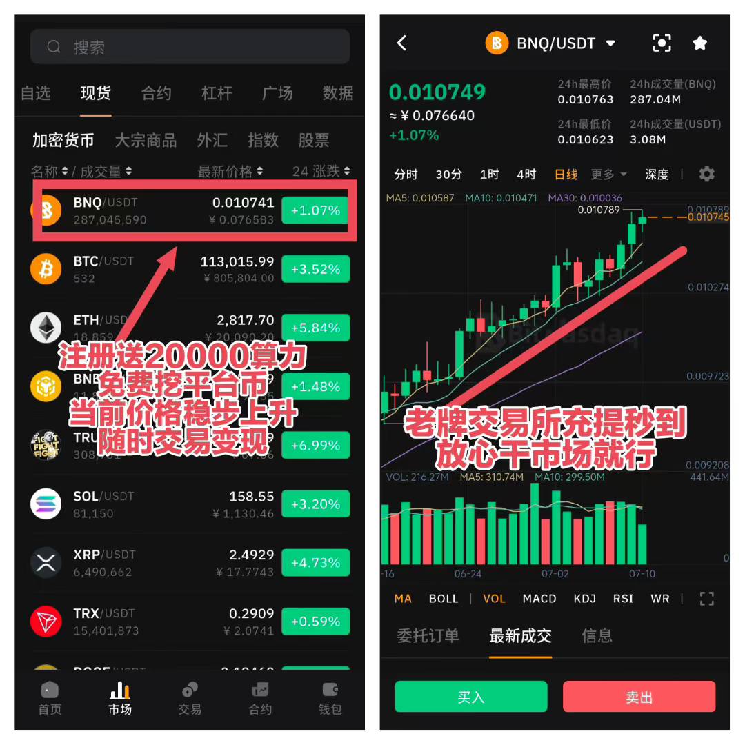 零撸BNQ，每天稳步上涨，随时交易提现