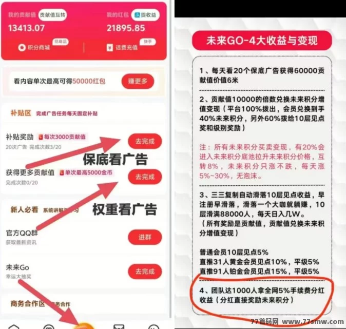 未来GO平台详解：看广告赚积分0撸起步，贡献值兑换未来积分，三三裂变助力月入过万的全新机会！